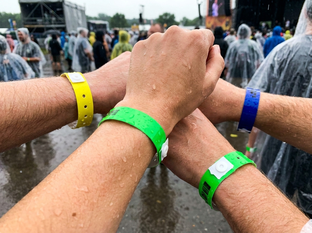 Pulseiras de vinil PVC coloridas usadas no pulso durante um festival de vários dias sob chuva