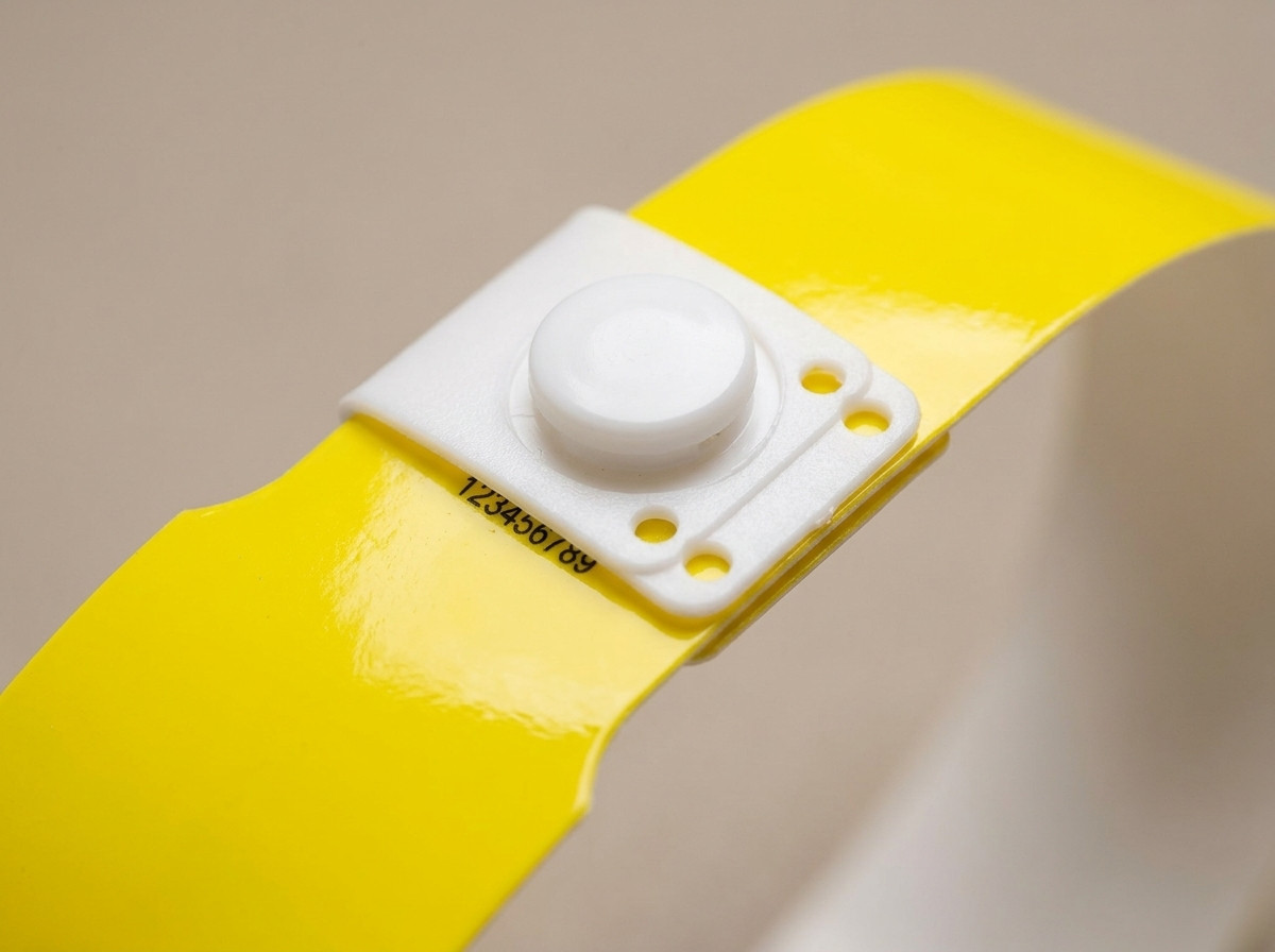 Close em uma pulseira de vinil PVC amarela com fecho de pressão plástico